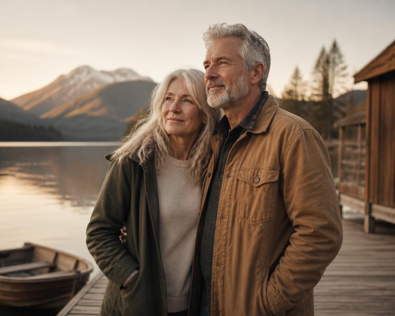 Retiree standing on a mountain lake dock at sunset looking toward the water